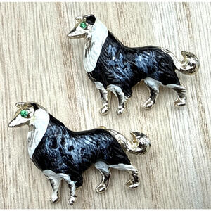 Vintage Collie Dog Brooch Pair Black White Enamel Green Crystal Eyes Pins READ